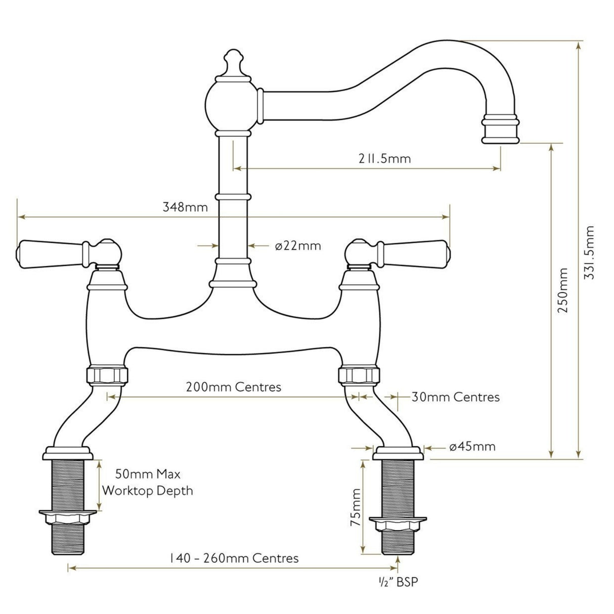 Technical Drawing with Dimensions for Bidbury & Co Henbury Country Style Spout with Traditional Bridge Tap