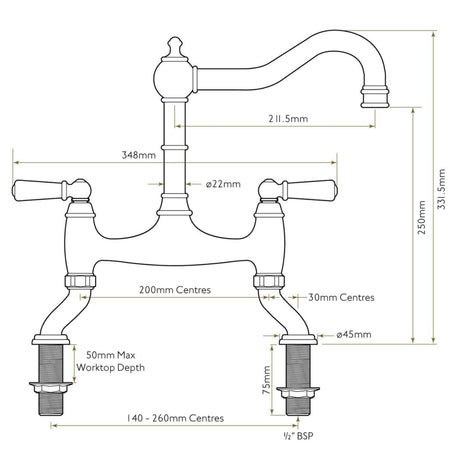 Technical Drawing with Dimensions for Bidbury & Co Henbury Country Style Spout with Traditional Bridge Tap