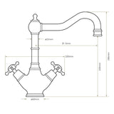 Technical Drawing with Dimensions for Bidbury & Co. Country Style Spout Crosshead Handles Mixer Tap with Dual Lever