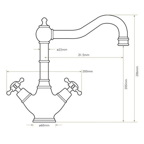 Technical Drawing with Dimensions for Bidbury & Co. Country Style Spout Crosshead Handles Mixer Tap with Dual Lever