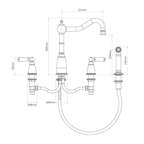 Technical Drawing with Dimensions for Bidbury & Co Stockwell Country Style Spout 4-Hole Mixer Tap with Metal Lever Handles and Pull Out Spray