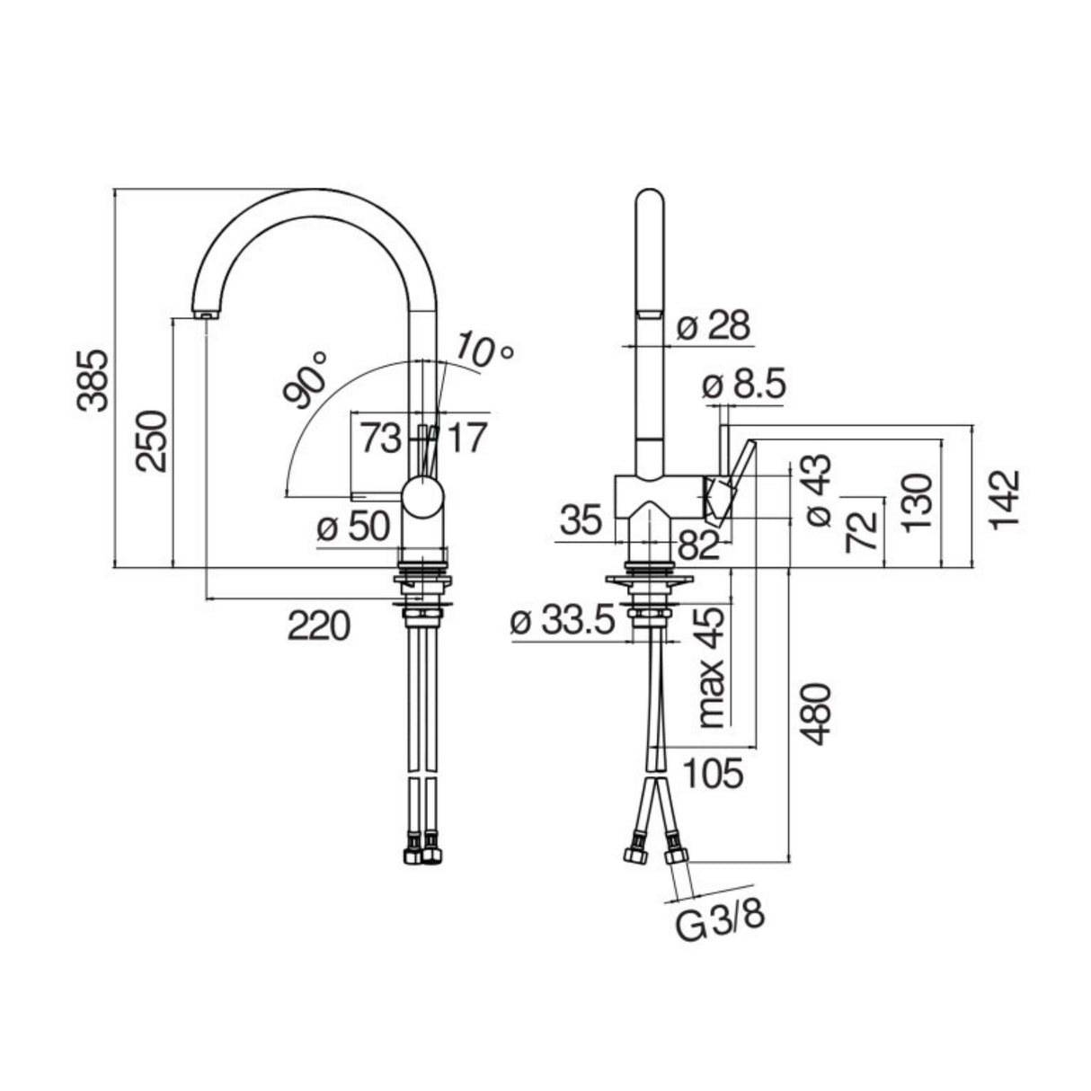 Technical Drawing with Dimensions for Nobili Live J Spout Kitchen Tap