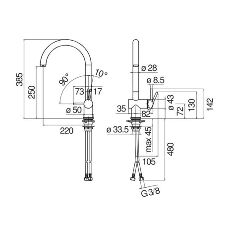 Technical Drawing with Dimensions for Nobili Live J Spout Kitchen Tap
