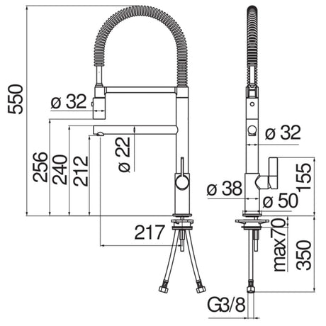 Technical Drawing with Dimensions for Nobili Flag Semi-Pro Pull Out Kitchen Tap in Chrome
