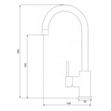 Technical Drawing with Dimensions for INTU Flair 3 in 1 Filtered Cold Water Kitchen Tap with Swan Neck