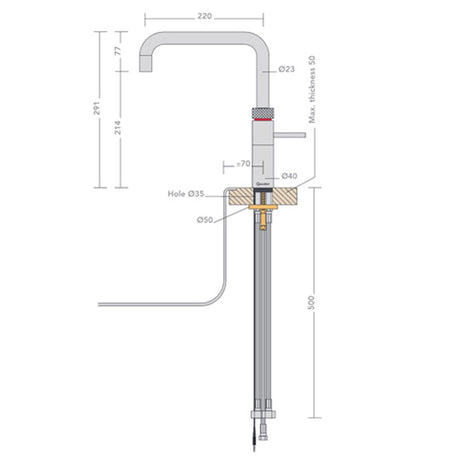 Quooker Fusion Square All in One Boiling Hot Cold Kitchen Tap Technical Drawing