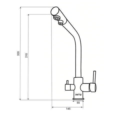 Technical Drawing with Dimensions for INTU Fusion 3 in 1 Filtered Cold Water Kitchen Tap With Square Neck