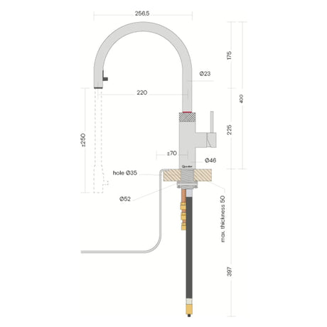 Quooker Flex Round Boiling Hot Cold Kitchen Tap Technical Drawing