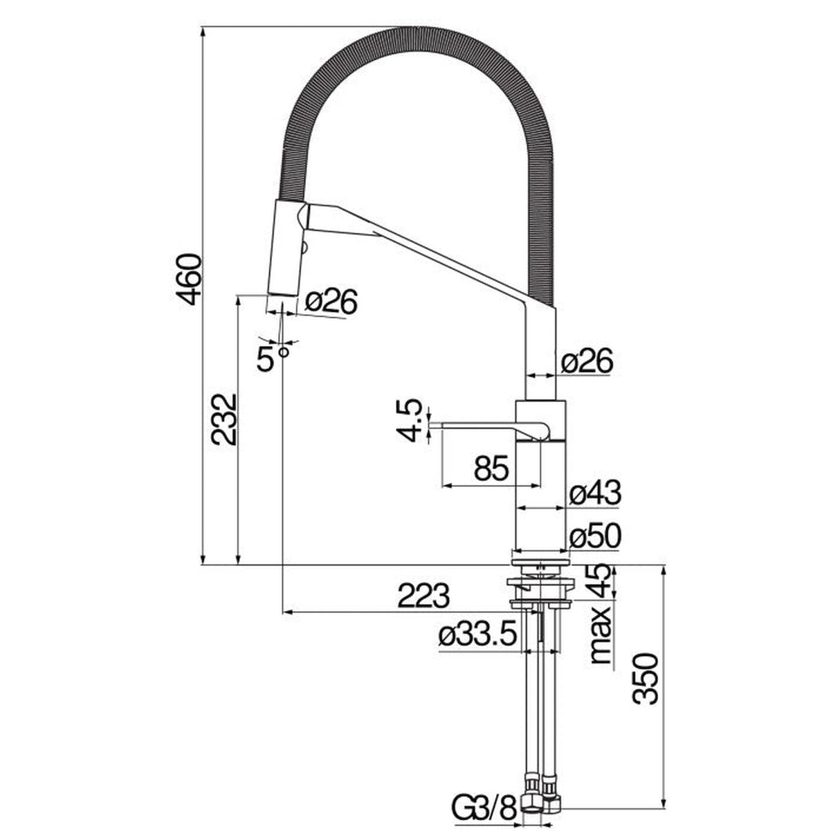 Technical Drawing with Dimensions for Nobili Heron Semi-Pro Pull Out Kitchen Tap in Chrome & Black