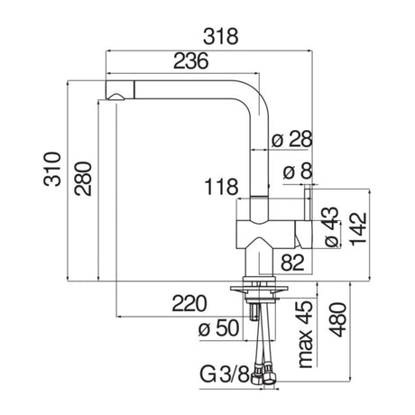 Technical Drawing with Dimensions for Nobili Live L Spout Kitchen Tap