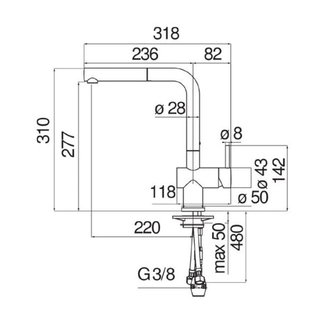 Technical Drawing with Dimensions for Nobili Live L-Pull Out Spout Kitchen Tap