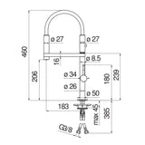 Technical Drawing with Dimensions for Nobili Move Semi-Pro Pull Out Kitchen Tap in Matt Black