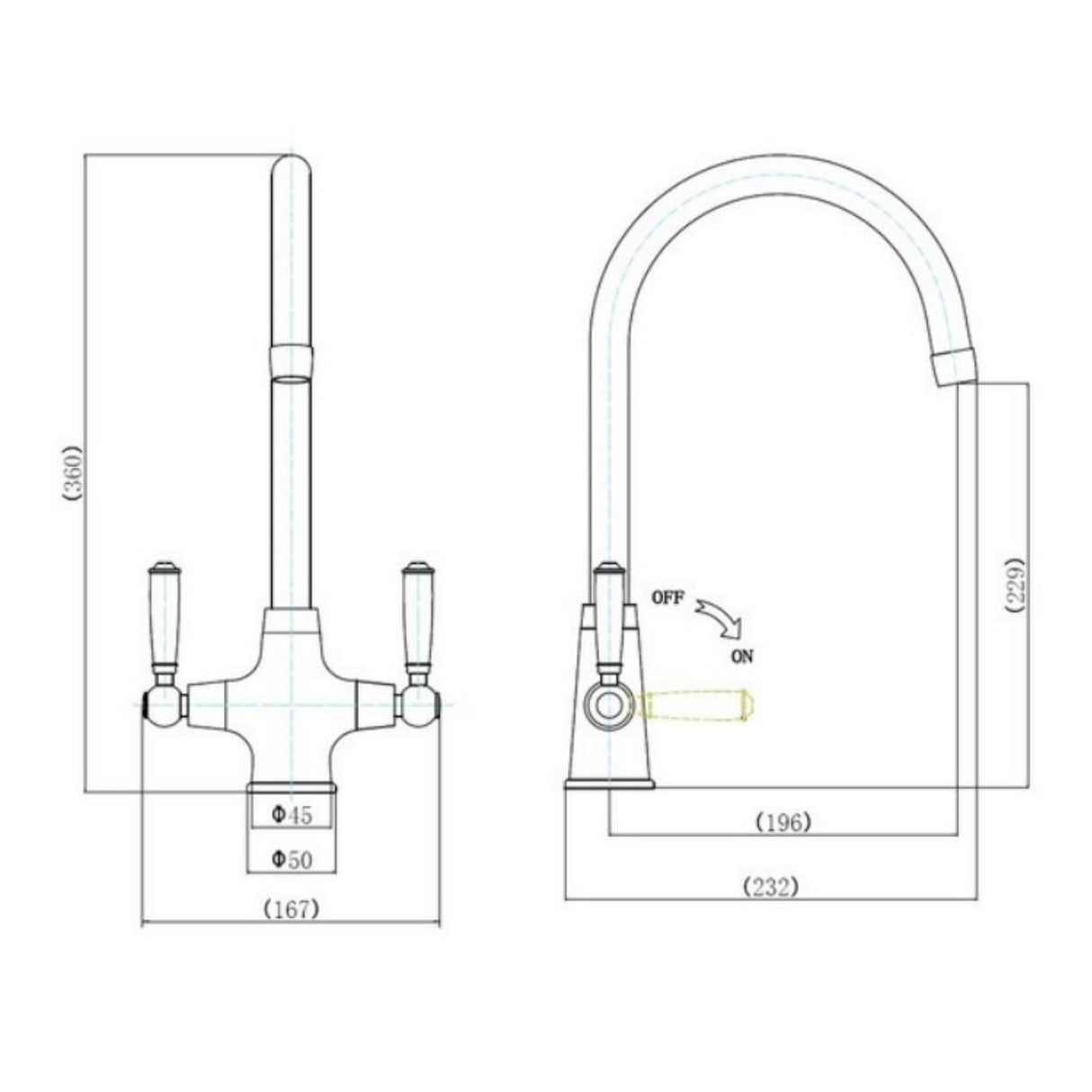 Technical Drawing with Dimensions for Rangemaster Aquaclassic Belfast Mixer Tap with Dual Lever in Stainless Steel
