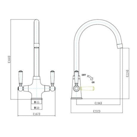 Technical Drawing with Dimensions for Rangemaster Aquaclassic Belfast Mixer Tap with Dual Lever in Stainless Steel