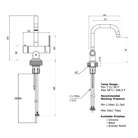 Technical Drawing with Dimensions for Triflow Concepts 3 in 1 Instant Boiling Water Kitchen Tap with Safety Lock