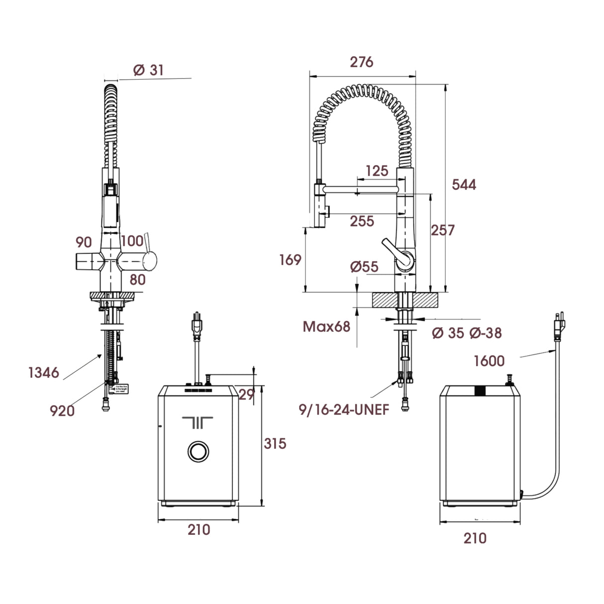 Technical Drawing with Dimensions for Triflow Concepts 4 in 1 Hybrid Flex Modern Boiling Water Kitchen Tap Pull Out Spray Hose