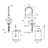 Technical Drawing with Dimensions for Triflow Concepts 4 in 1 Hybrid Flex Modern Boiling Water Kitchen Tap Pull Out Spray Hose