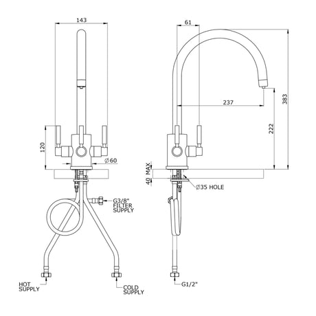 Technical Drawing with Dimensions for Triflow Concepts Original Churchill Filtered Tap