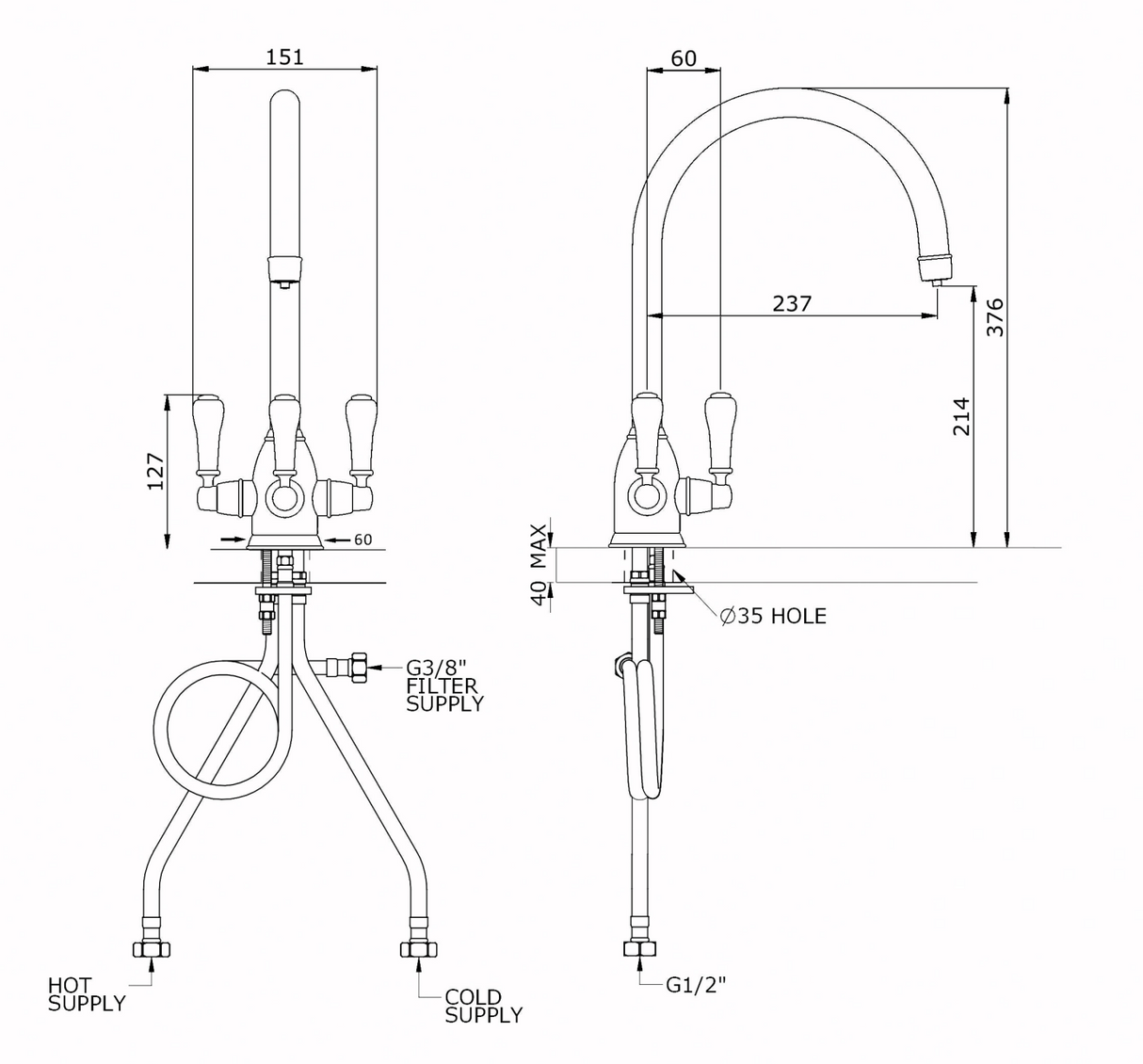 Triflow Concepts Livingstone C Spout 3‑Way Filtration Kitchen Tap in Chrome with White Tipped Triple Lever Control