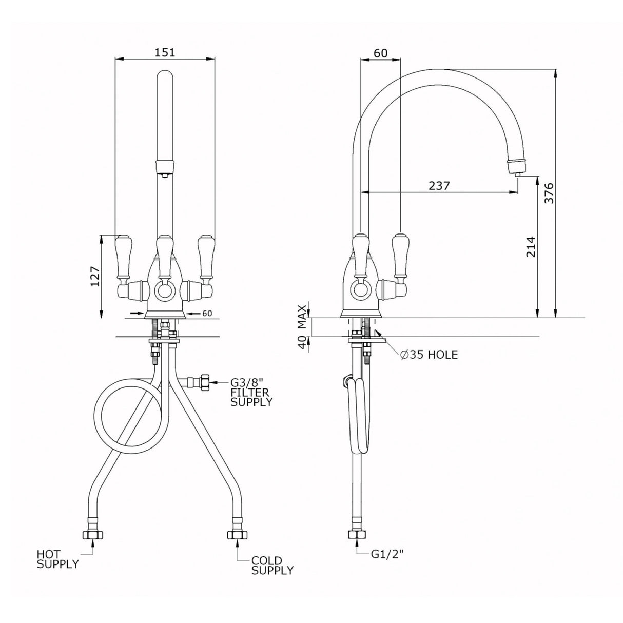 Technical Drawing with Dimensions for Triflow Concepts Original Livingstone Chrome Filtered Tap