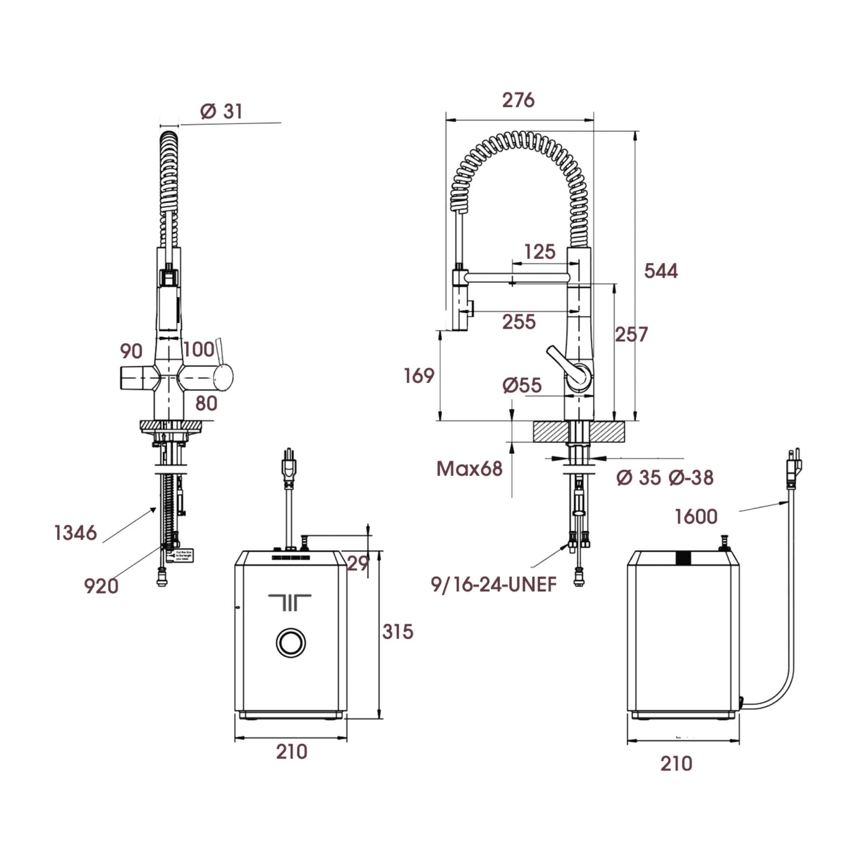Technical Drawing with Dimensions for Triflow Hybrid Flex 4 in 1 Boiling Tap Slim Handle