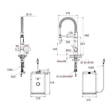 Technical Drawing with Dimensions for Triflow Hybrid Flex 4 in 1 Boiling Tap Slim Handle