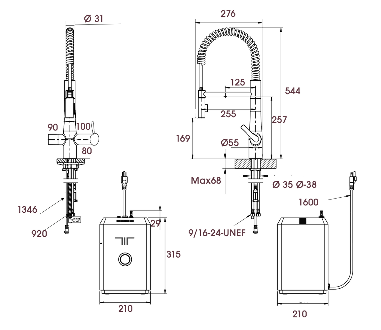 Triflow Concepts 4 in 1 Hybrid Flex Contemporary Boiling Water Kitchen Tap in Chrome with Pull Out Spray Hose