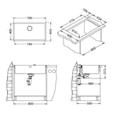 Technical drawing with dimensions for Alveus Monarch Quadrix 60 Sink For 800-900mm Cabinet In Single Bowl Flush Mount