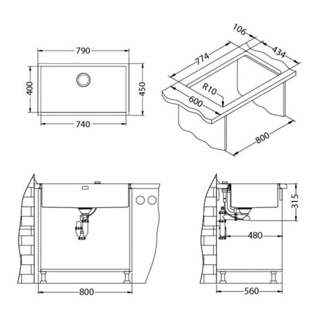 Technical drawing with dimensions for Alveus Monarch Quadrix 60 Sink For 800-900mm Cabinet In Single Bowl Flush Mount
