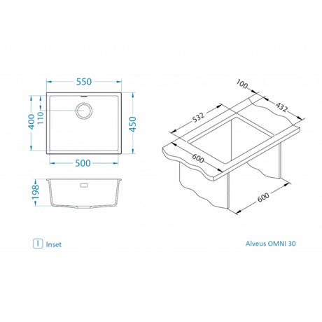 Technical drawing with dimensions for Alveus Omni 30 Inset Sink for 600mm Cabinet in Single Bowl Arctic