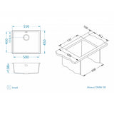 Technical drawing with dimensions for Alveus Omni 30 Inset Sink for 600mm Cabinet in Single Bowl Black