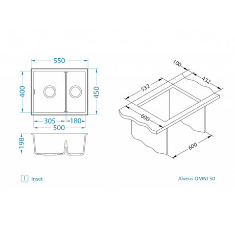 Technical drawing with dimensions for Alveus Omni 50 Undermount Sink for 600mm Cabinet in Single Bowl Single Drainer Black