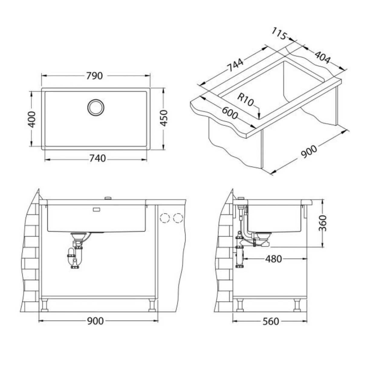 Technical drawing with dimensions for Alveus Monarch Quadrix 60 Sink For 800-900mm Cabinet In Single Bowl Undermount