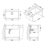 Technical drawing with dimensions for Alveus Monarch Quadrix 60 Sink For 800-900mm Cabinet In Single Bowl Undermount