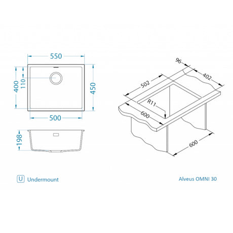 Technical drawing with dimensions for Alveus Omni 30 Undermount Sink for 600mm Cabinet in Single Bowl Arctic
