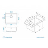 Technical drawing with dimensions for Alveus Omni 30 Undermount Sink for 600mm Cabinet in Single Bowl Black