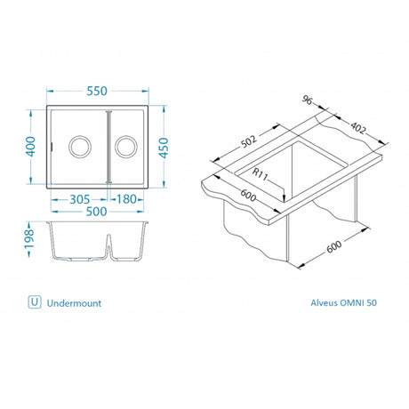 Technical drawing with dimensions for Alveus Omni 50 Undermount Sink for 600mm Cabinet in Single Bowl Single Drainer Arctic