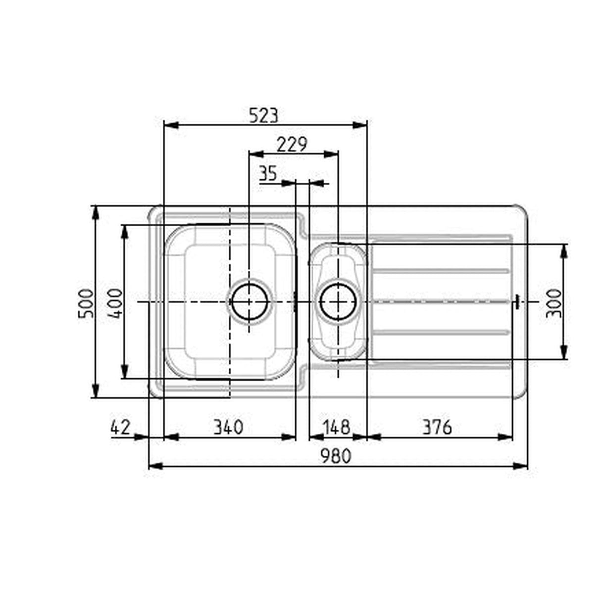 Technical Drawing with Dimensions for Alveus Line Maxim 10 Inset Sink for 600mm Cabinet in One and Half Bowl Stainless Steel