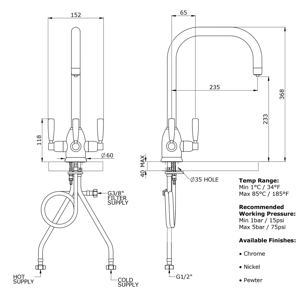 Triflow Concepts Whitehall U Spout Filtered Kitchen Tap with Triple Lever Control and Classic Modern Design