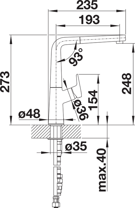 BLANCO Avona-S Single Lever Kitchen Mixer Tap with Pull-Out Spray Dimensions