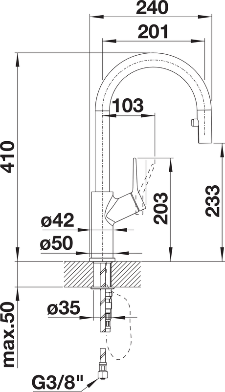 BLANCO Carena-S Vario Single Lever Kitchen Mixer Tap with Pull Out Spray Dimensions
