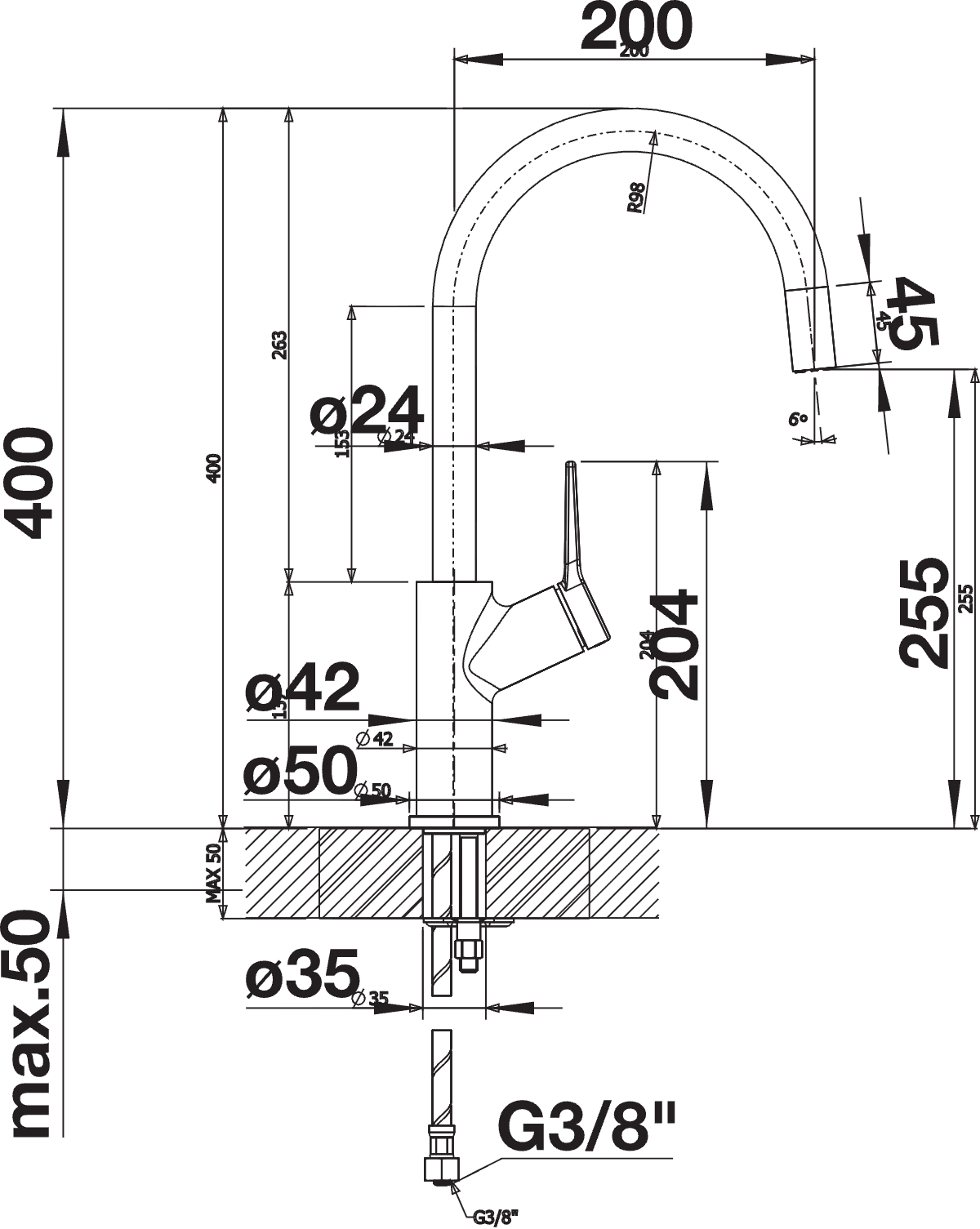 BLANCO Carena Single Lever Kitchen Mixer Tap Dimensions