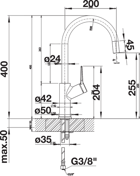 BLANCO Carena Single Lever Kitchen Mixer Tap Dimensions