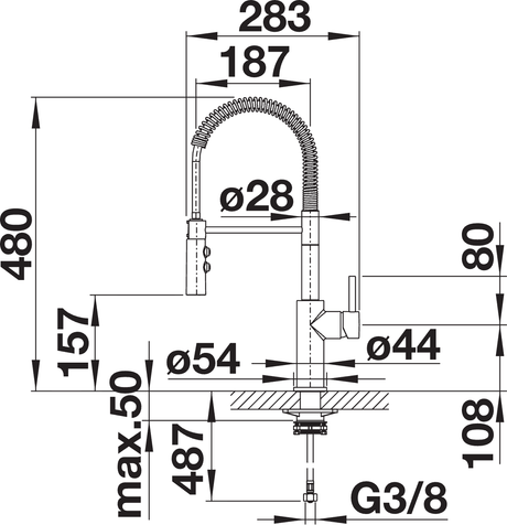 BLANCO Catris-S Single Lever Kitchen Mixer Tap with Pull Out Spray Dimensions