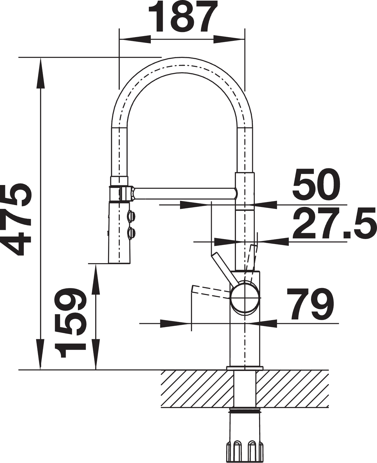 BLANCO Catris-S Flexo Single Lever Kitchen Mixer Tap with Pull Out Spray Dimensions