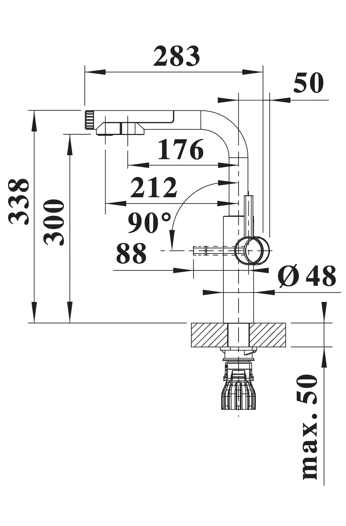 BLANCO Choice Icona-L Single Lever Filter Kitchen Mixer Tap with Pull-Out Spray Dimensions