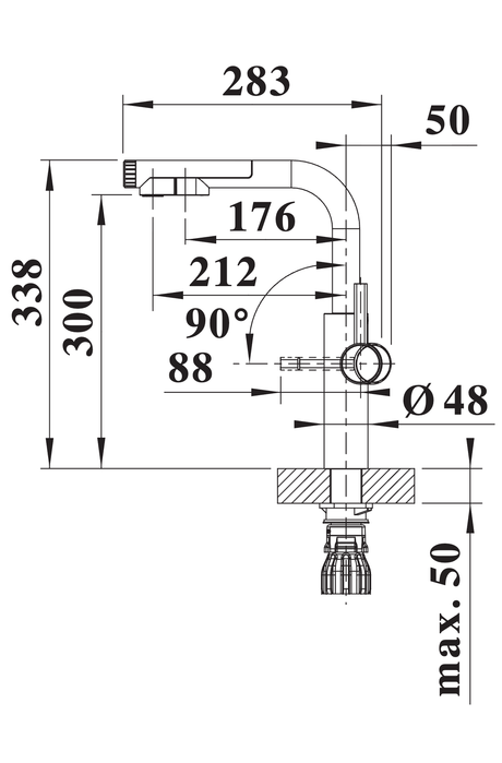 BLANCO Choice Icona-L Single Lever Filter Kitchen Mixer Tap with Pull-Out Spray Dimensions