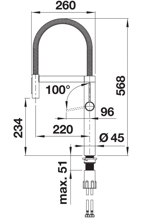 BLANCO Culina S II Single Lever Kitchen Mixer Tap with Pull Out Spray Dimensions