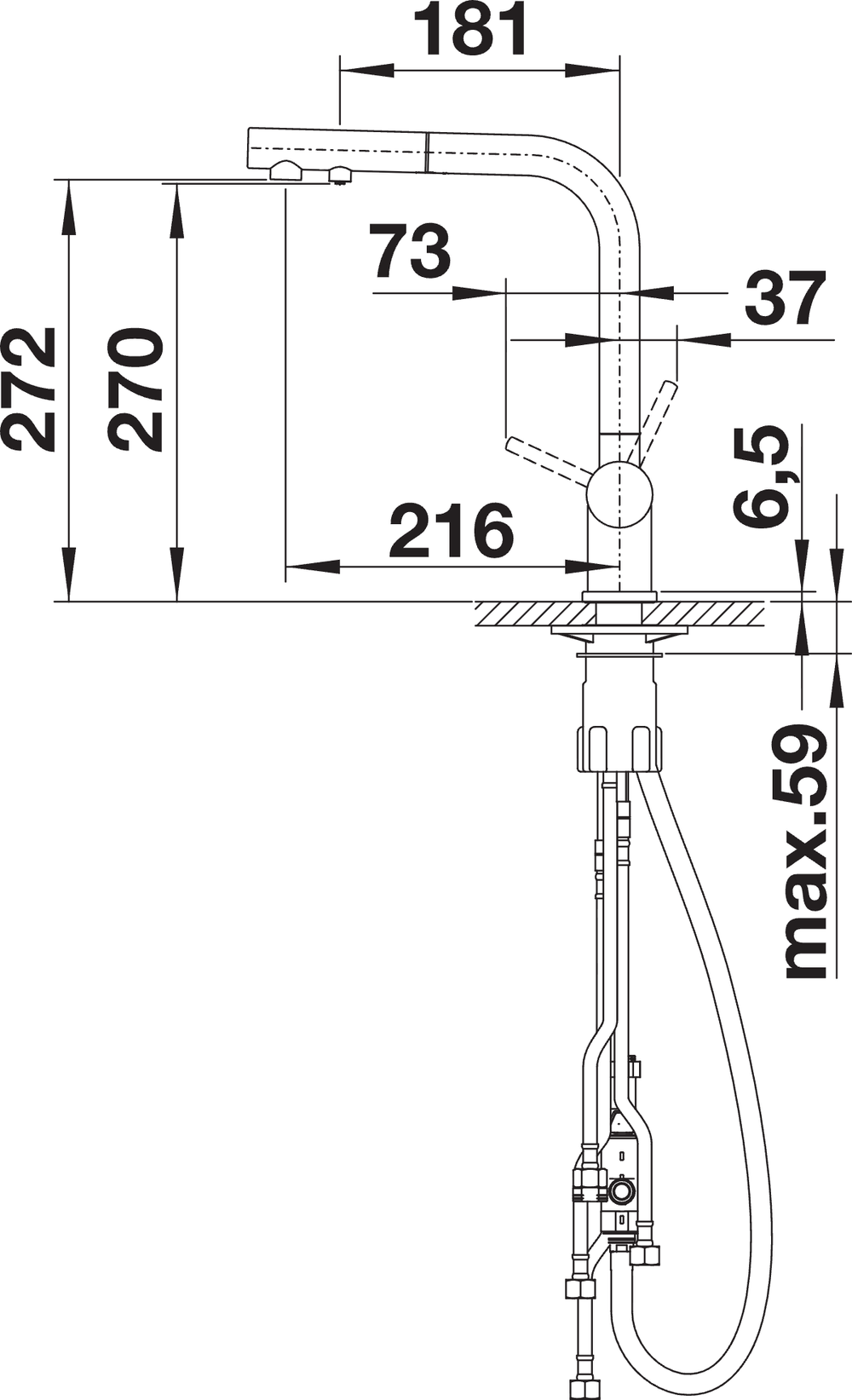 BLANCO Fontas-S II Single Lever Filter Kitchen Mixer Tap with Pull-Out Spray Dimensions