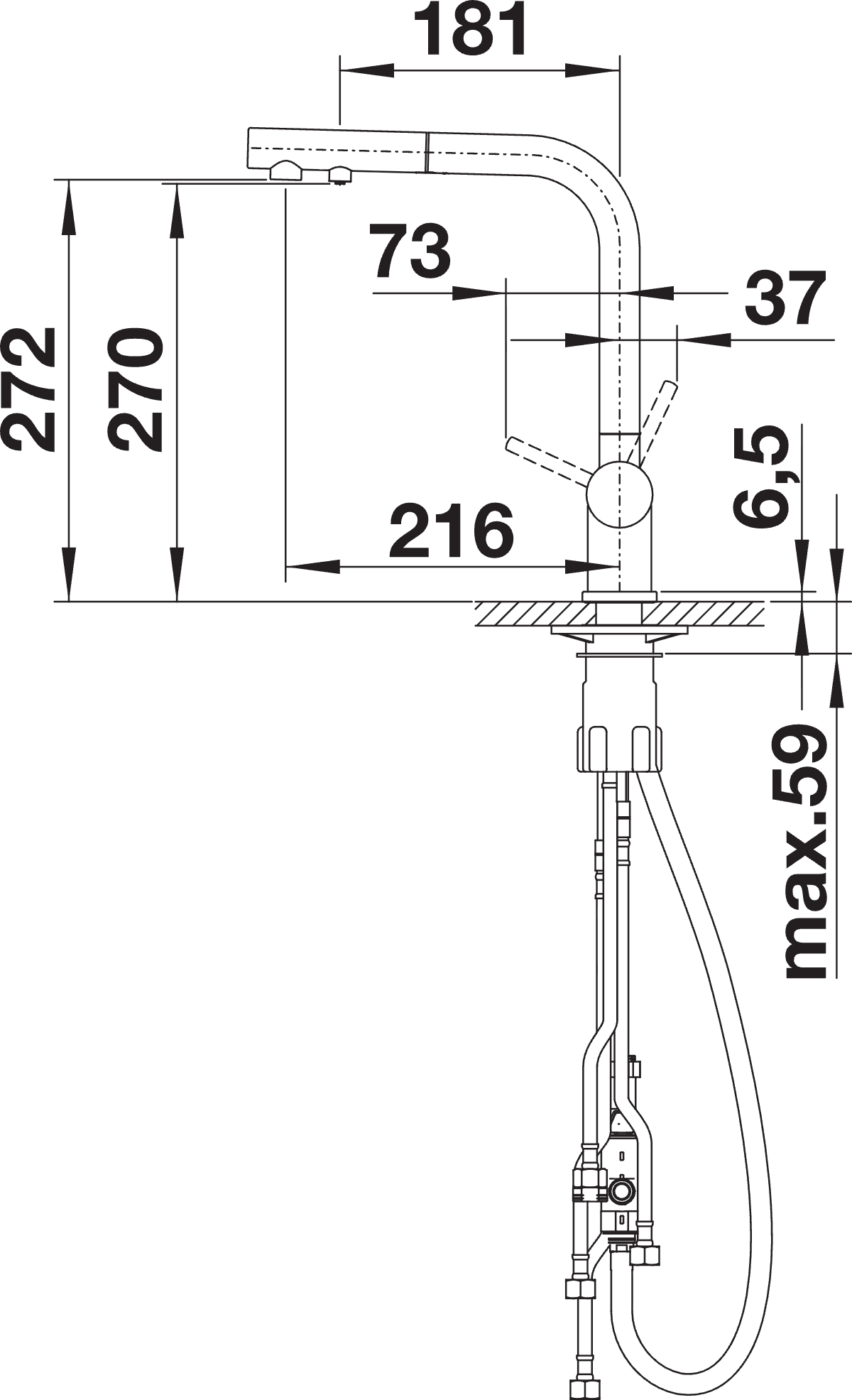 BLANCO Fontas-S II Single Lever Filter Kitchen Mixer Tap with Pull-Out Spray Dimensions
